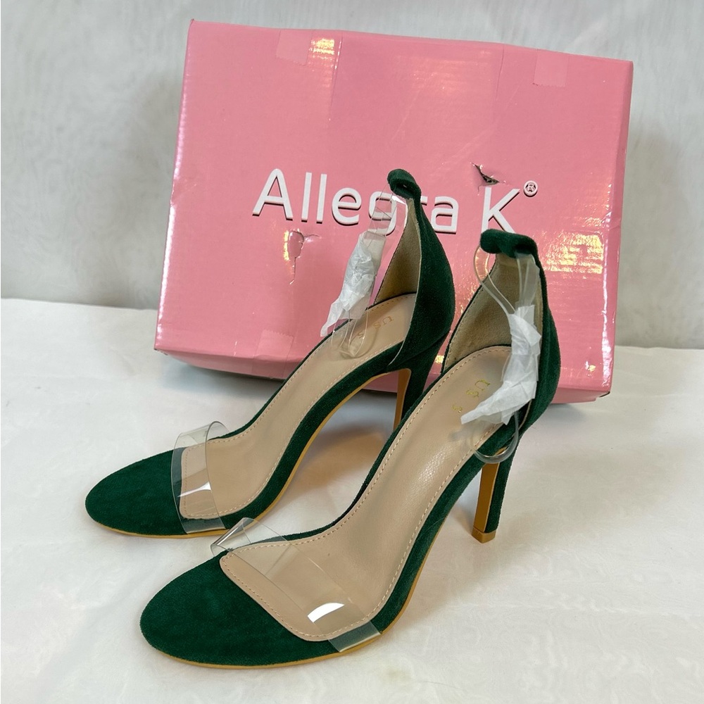Women’s Open Toe Clear and Green  Ankle Strap Stiletto Heel Sandals / Sz 5